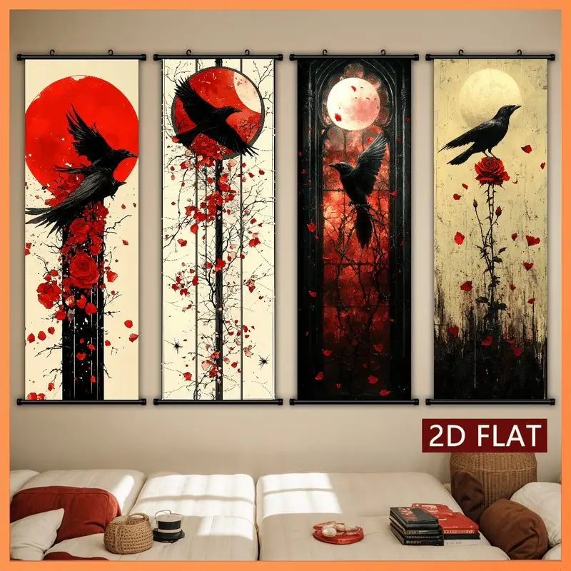 VIKAMA Black Crow Red Rose Wall Tapestry Blood Moon Gothic Dark Fantasy Romantic Scroll Art Home Decor Retro Style Soft Durable
