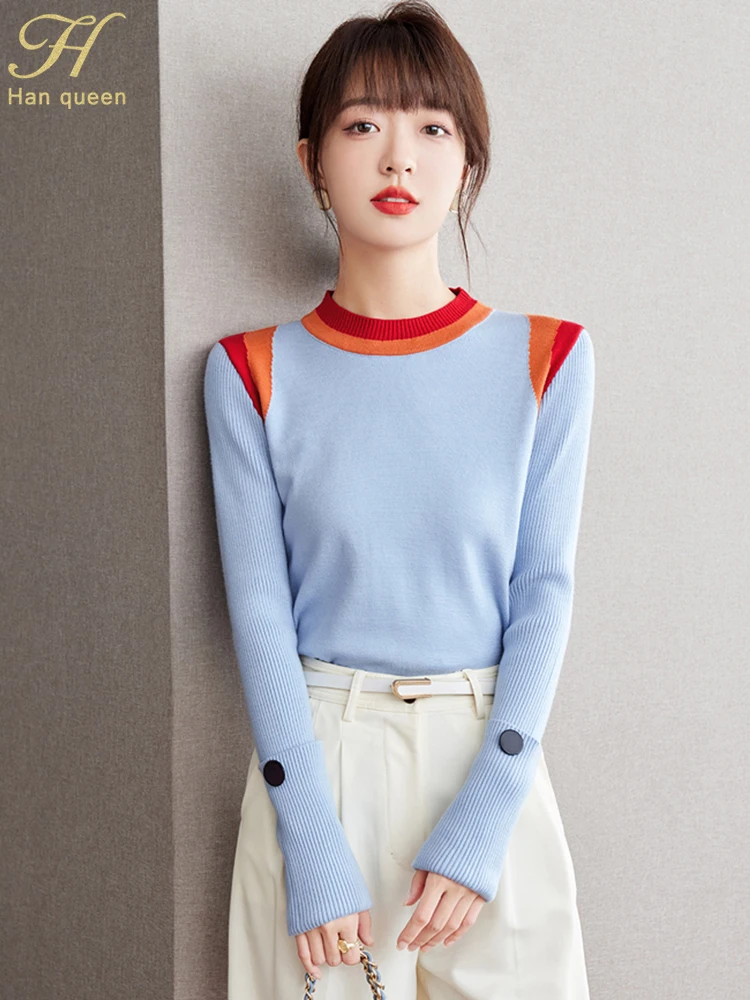 H Han Queen Autumn Winter Tops Korean Elastic Knit Pullover Sweaters Chic O-Neck Knitted Bottoming Color Blocking Sweater Women