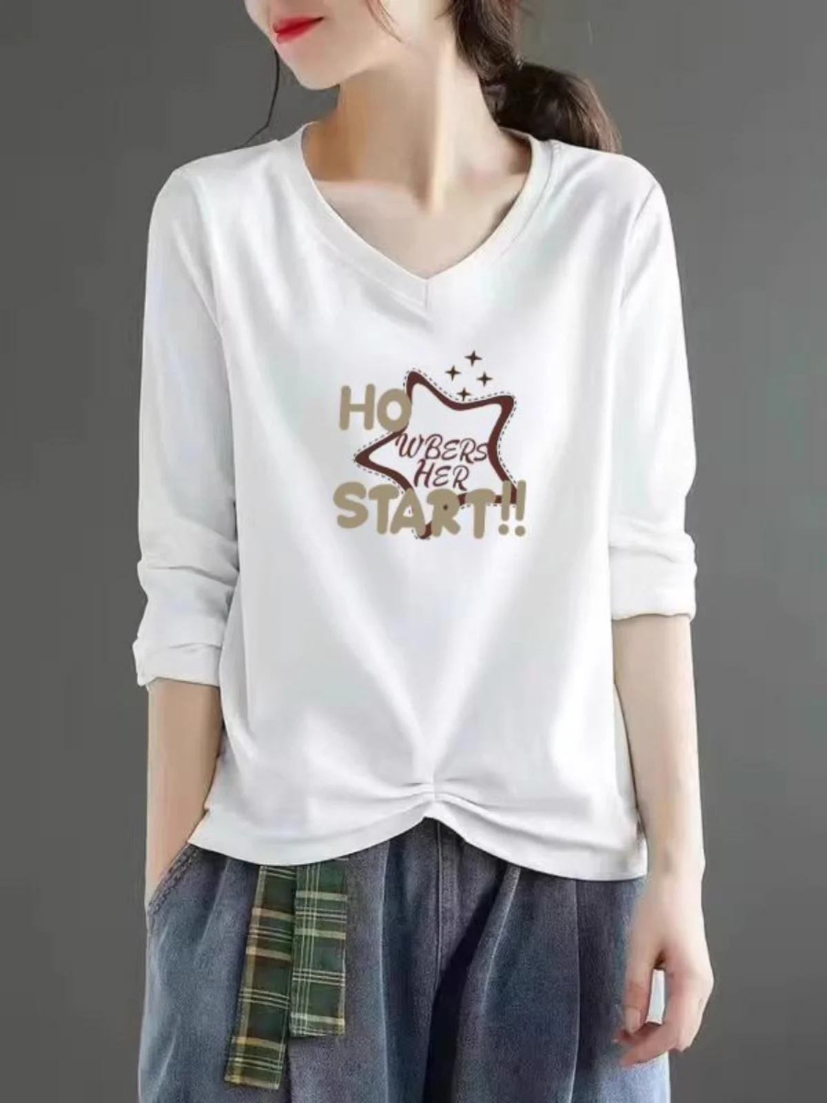 

Pure Cotton Long Sleeve V-Neck Women's Top Fashionable Simple Asymmetric Chicken Heart Neck Autumn Winter Large Size Base Shirt