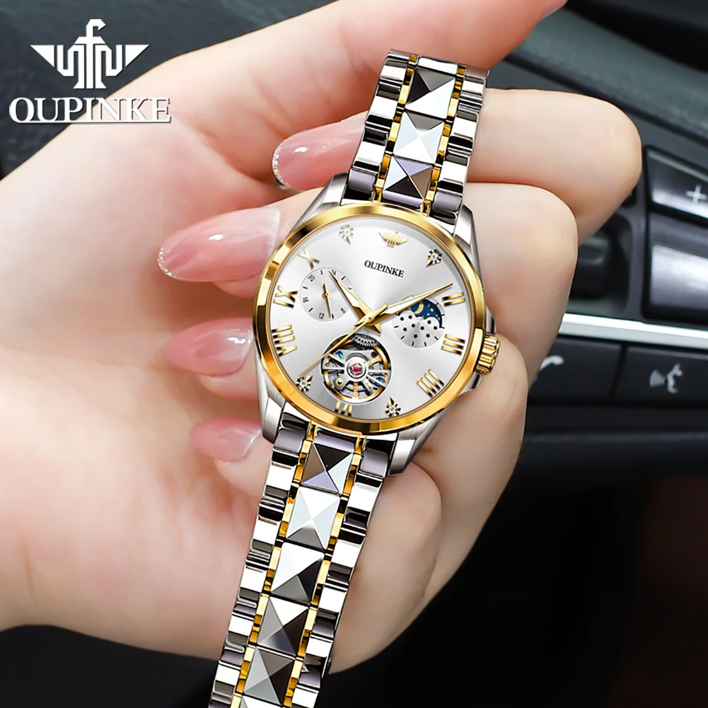 OUPINKE 3202 Skeleton Flywheel Mechanical Wrist Watch for Women Moon Phase Chronograph Waterproof Elegant Ladies Automatic Watch