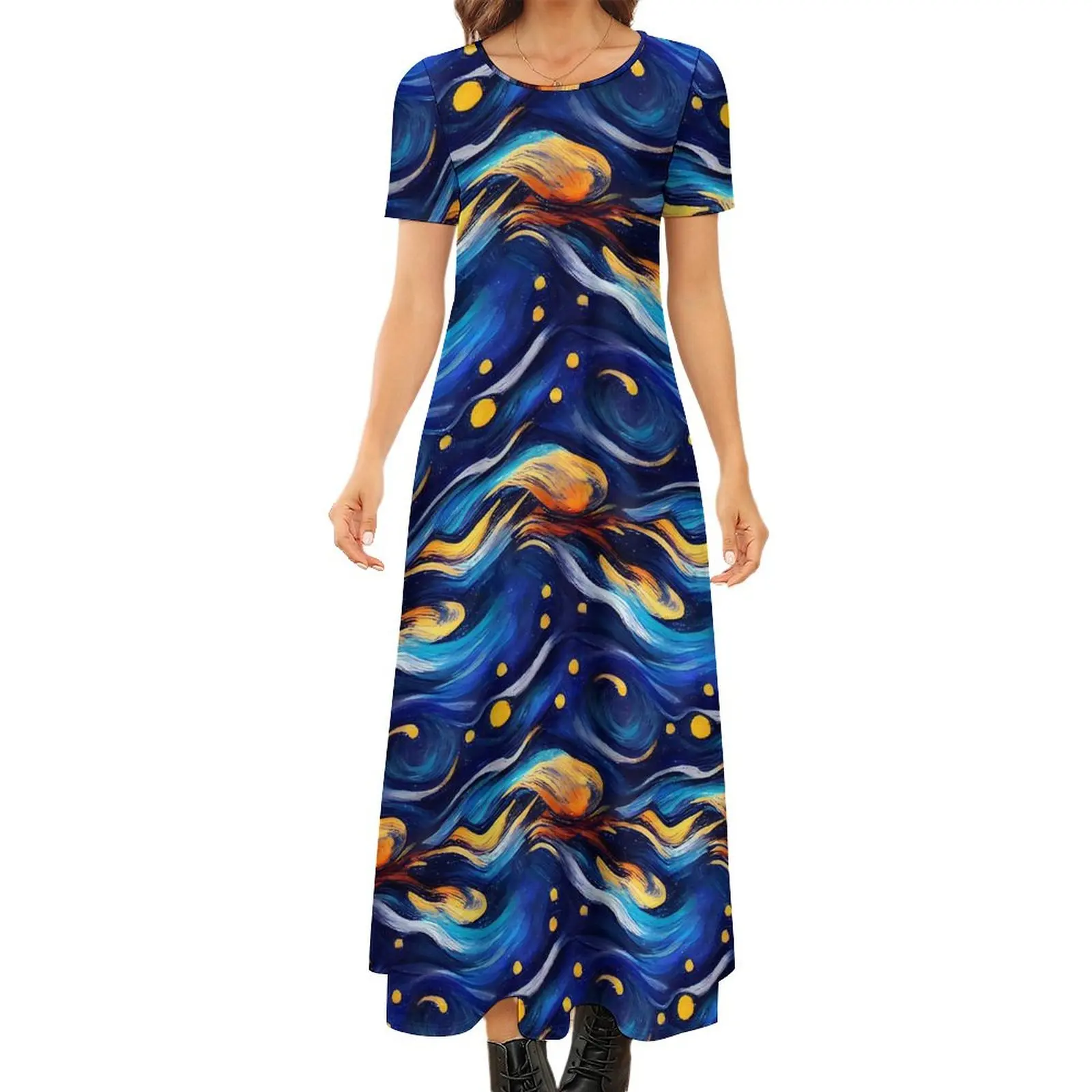 

Blue Starry Night Dress Abstract Painted Funny Bohemia Long Dresses Women Party Maxi Dress Birthday Gift