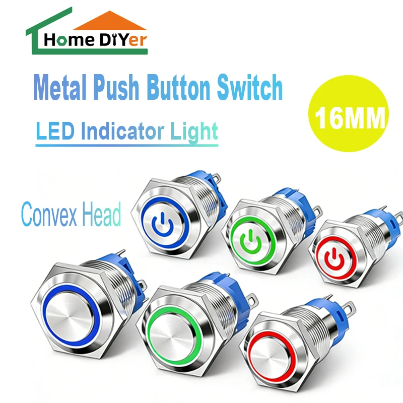 

16mm Metal Push Button Switch Momentary/Latching Convex Head Led Light Red Yellow Blue Green White 3V 12V 24V 220V