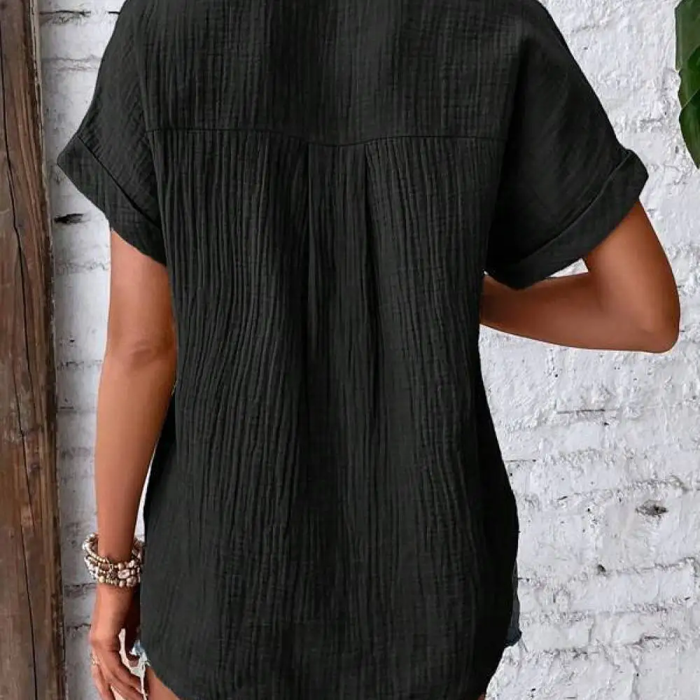 Women Summer Pure Cotton Shirts Casual Button Down Blouses Loose Fit Short Sleeve Solid Color Elegant Commuter Style Top
