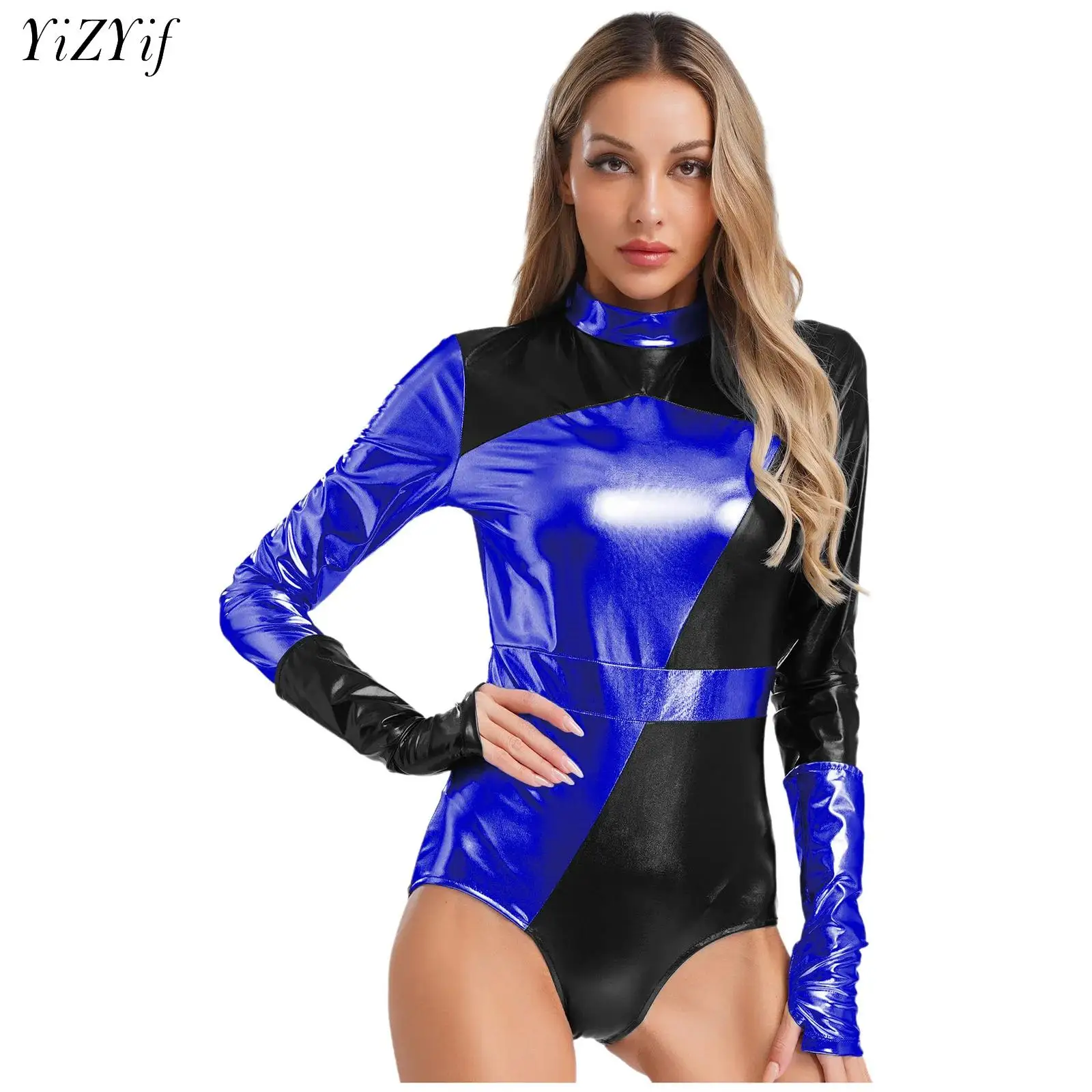 

Womens Metallic Bodysuit Athletic Leotard Long Sleeve Bodycon Fitness Yoga Jumpsuit Fashion Rave Music Festival Party Club Wear