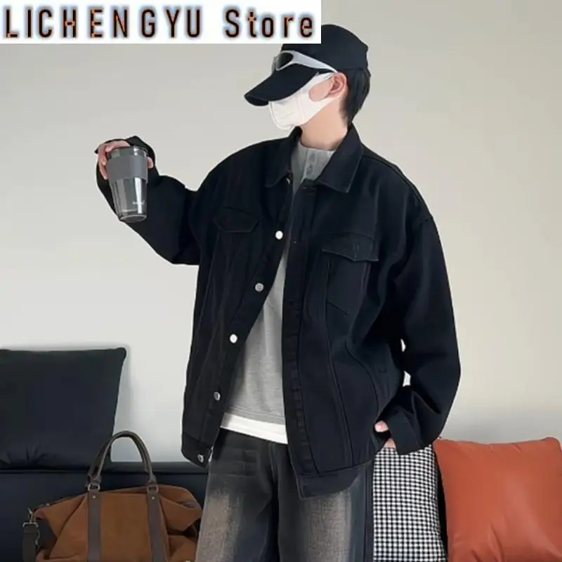 Pop Autumn Black Denim Jacket Men Fashion Retro Pocket Denim Jackets Men Streetwear Hip-hop Loose Bomber Jacket Mens Cowboy Coat