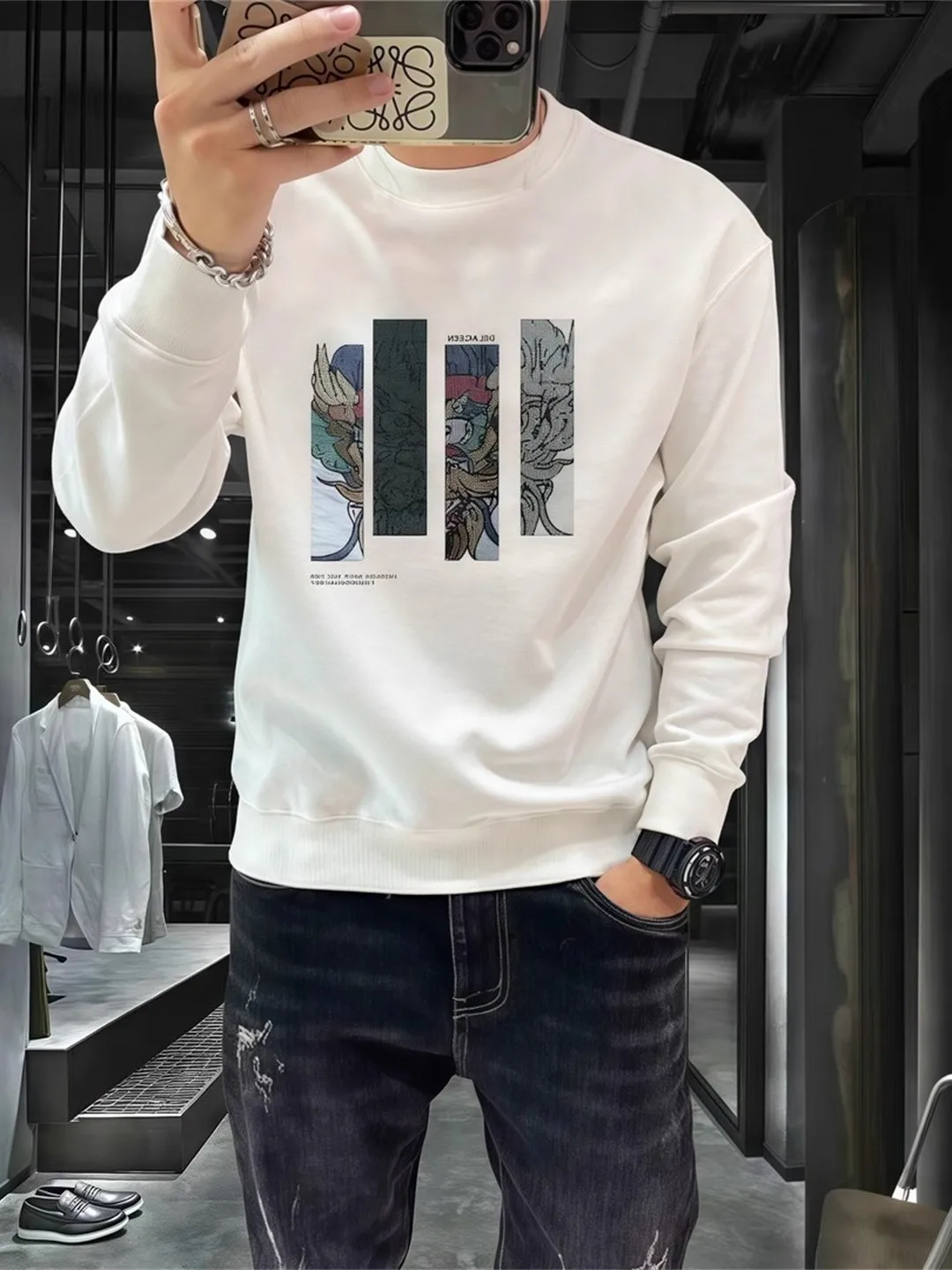Sudadera con Capucha Estampada de Manga Larga para Hombre, Terciopelo Plateado, Corte Ajustado, Estilo Moderno, Otoño Invierno, Informal, de Fibra de Poliéster