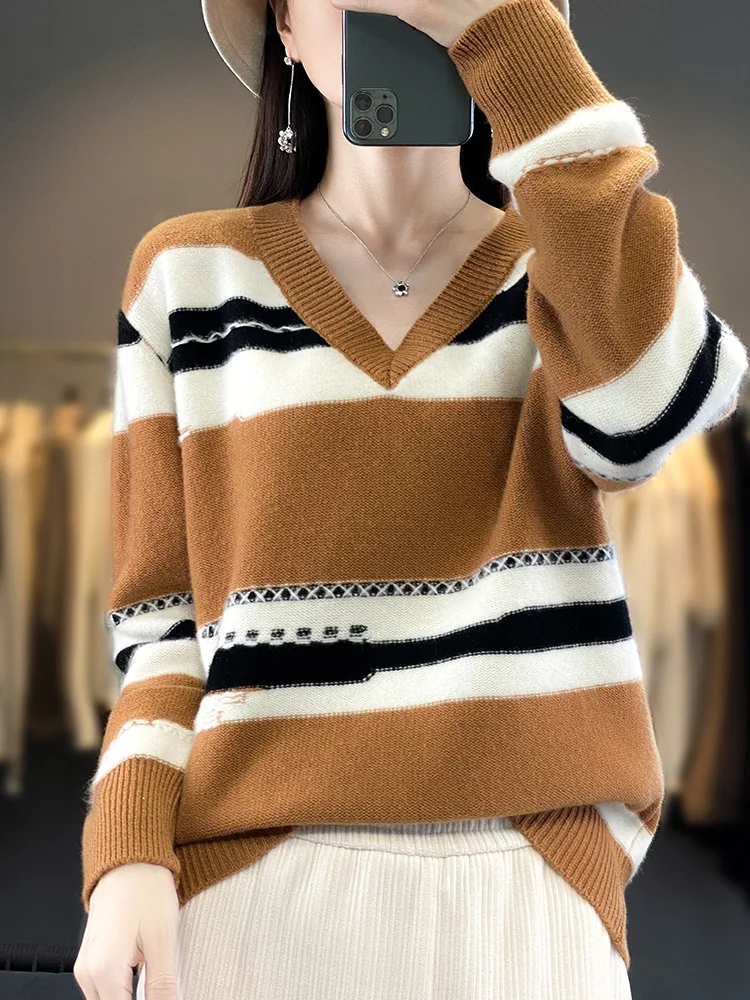 Autumn Winter 100% Wool Knitted Pullover Women V-Neck Fashion Large-Size Sweater Matching Color Jacquard Base Shirt Thicken Tops