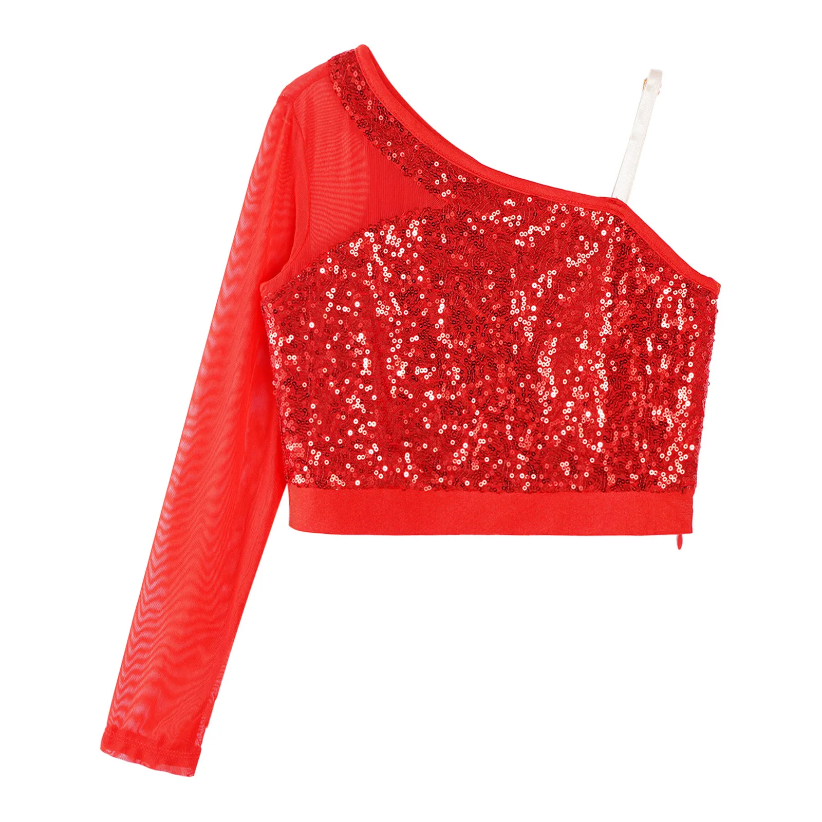 Canotta per bambina con paillettes lucide Hip Hop Jazz Crop Top Stage Cheerleader Performance Costume da ballo Canotta monospalla in rete trasparente