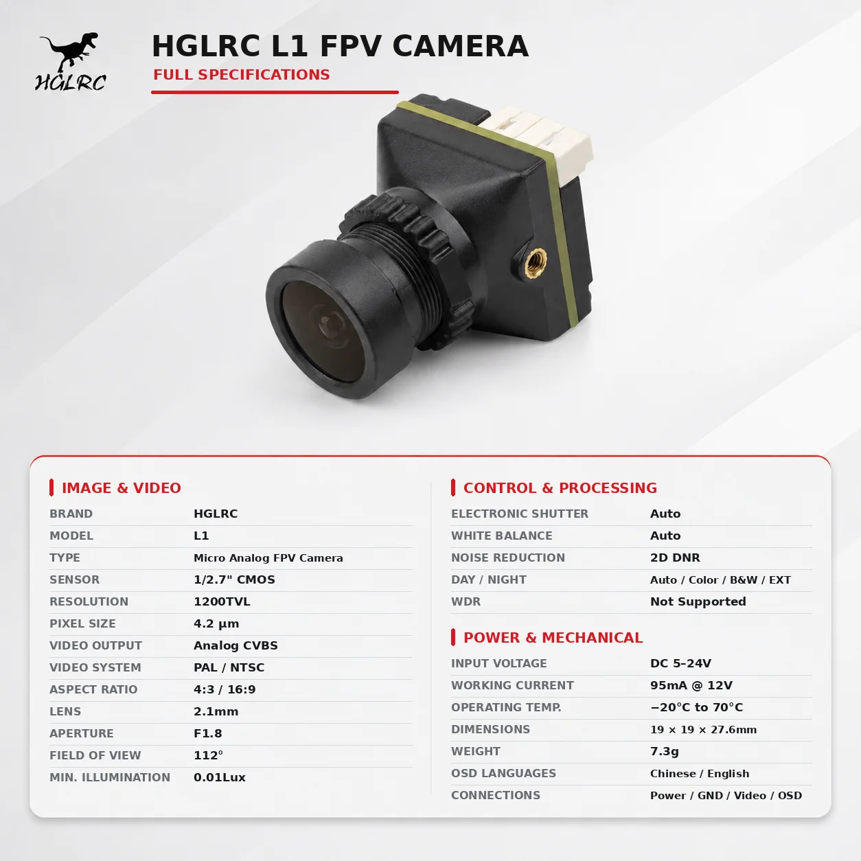 HGLRC L1 FPV Drone Camera 1200TVL Analog CVBS 19mm 7.3g Lightweight 5-24V for Freestyle & Racing, Caddx Baby Ratel 2 Alternative view 5