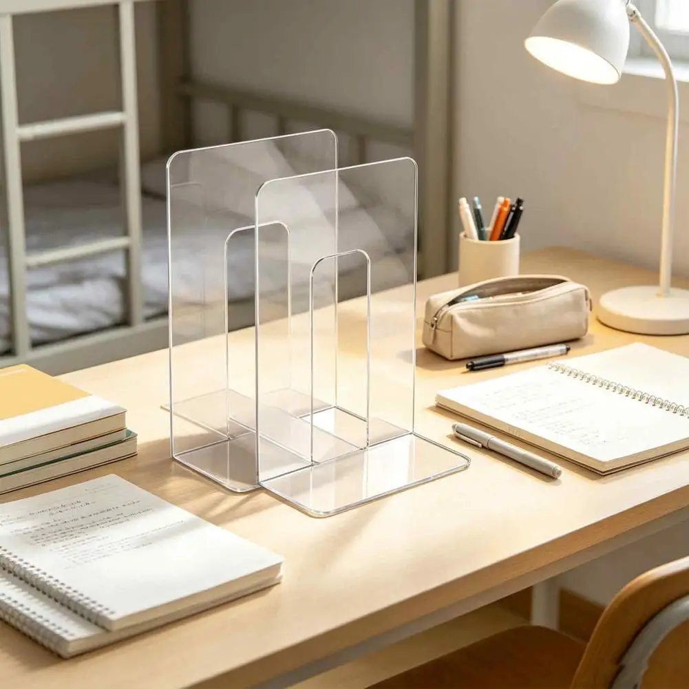 Acrylic Bookends for Shelves Acrylic File Holder Desk Organizer Sturdy L-shaped Desktop Folder Rack Document Magazine for Book