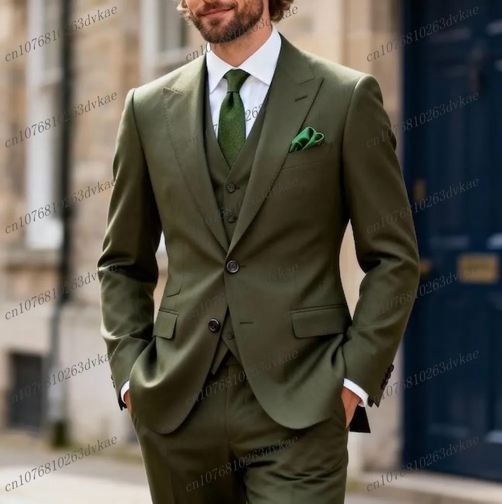 Army Green Men Suit Wedding Party Formal Groom Groomsman Prom Business Male Tuxedos Customized 3 Piece Set Jacket Vest Pants