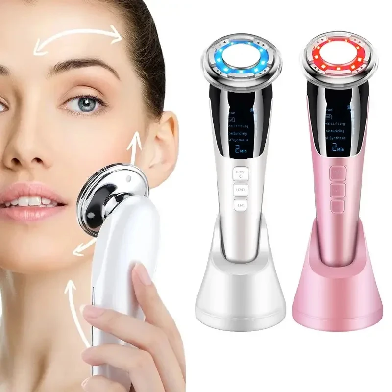 Micro Current Facial Massager EMS Hot Cold Facial Massager Red Blue Light Vibration Skin Tightening Face Lifting Beauty Device