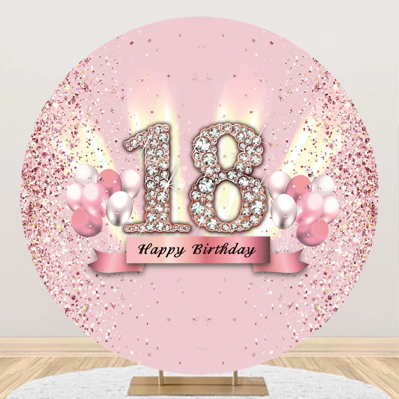 Pink 18th Birthday Backdrop Round 18 Years Old Party Decorations Girl Boy Eighteen Balloon Circle Elastic Photo Background Cover