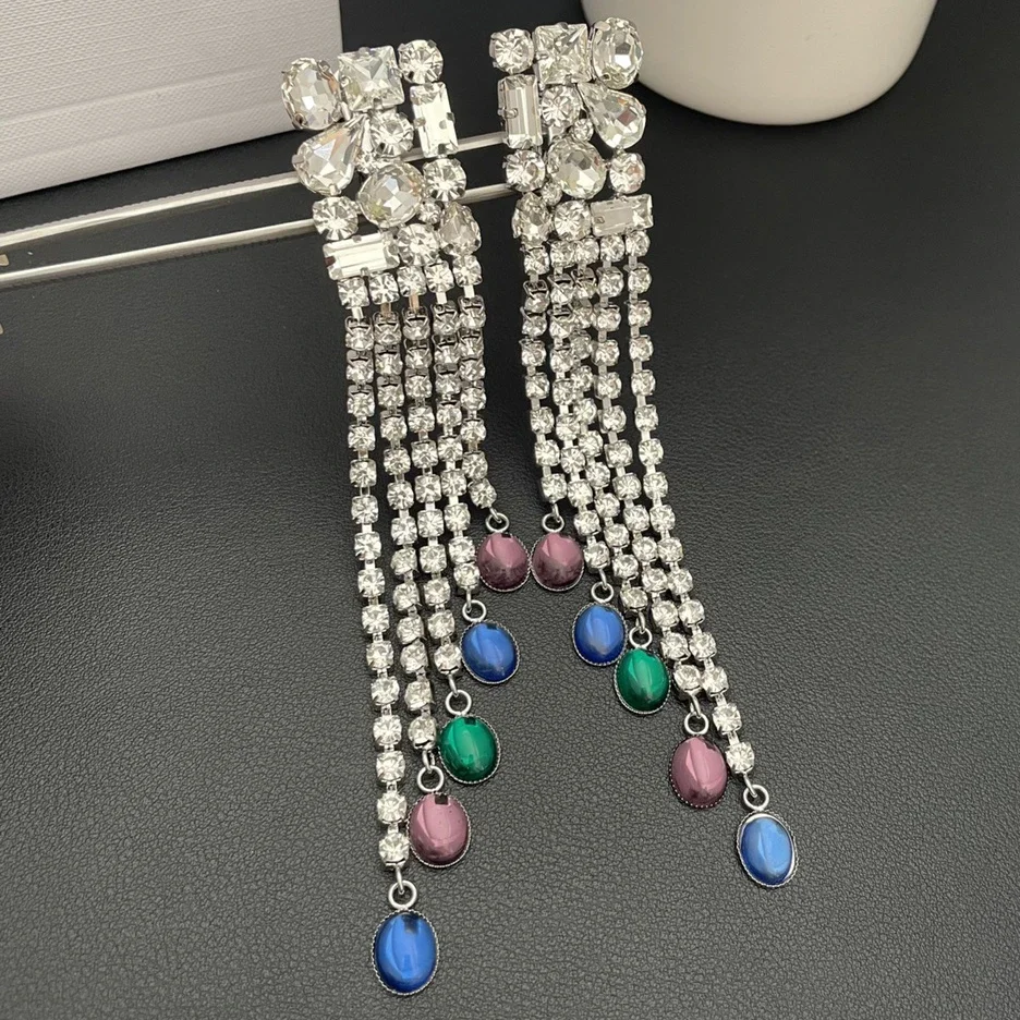 

Famous Designer Colorful Crystal Tassels Ear Clip Earrings Woman Top Quality Luxury Jewelry Trend