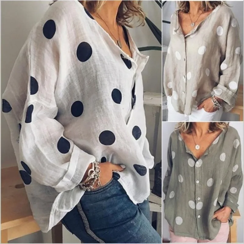 

Summer Womens Cardigan Polka Dot Fashion V-neck Top Long Sleeved Printed Shirt for Women