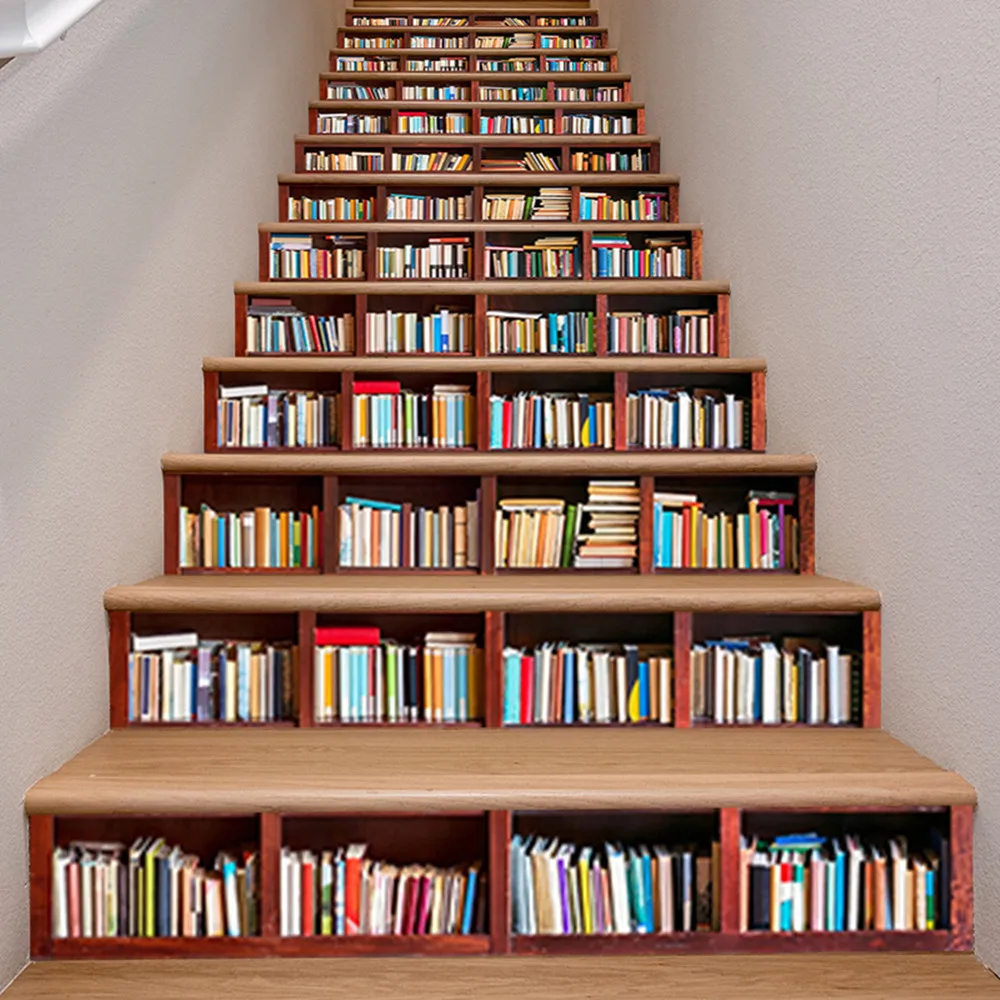 Realistic Wooden Bookcase Stair Riser Stickers 100x18cm Self‑Adhesive Vinyl Decals Vintage Library DIY Home Staircase Wall Decor