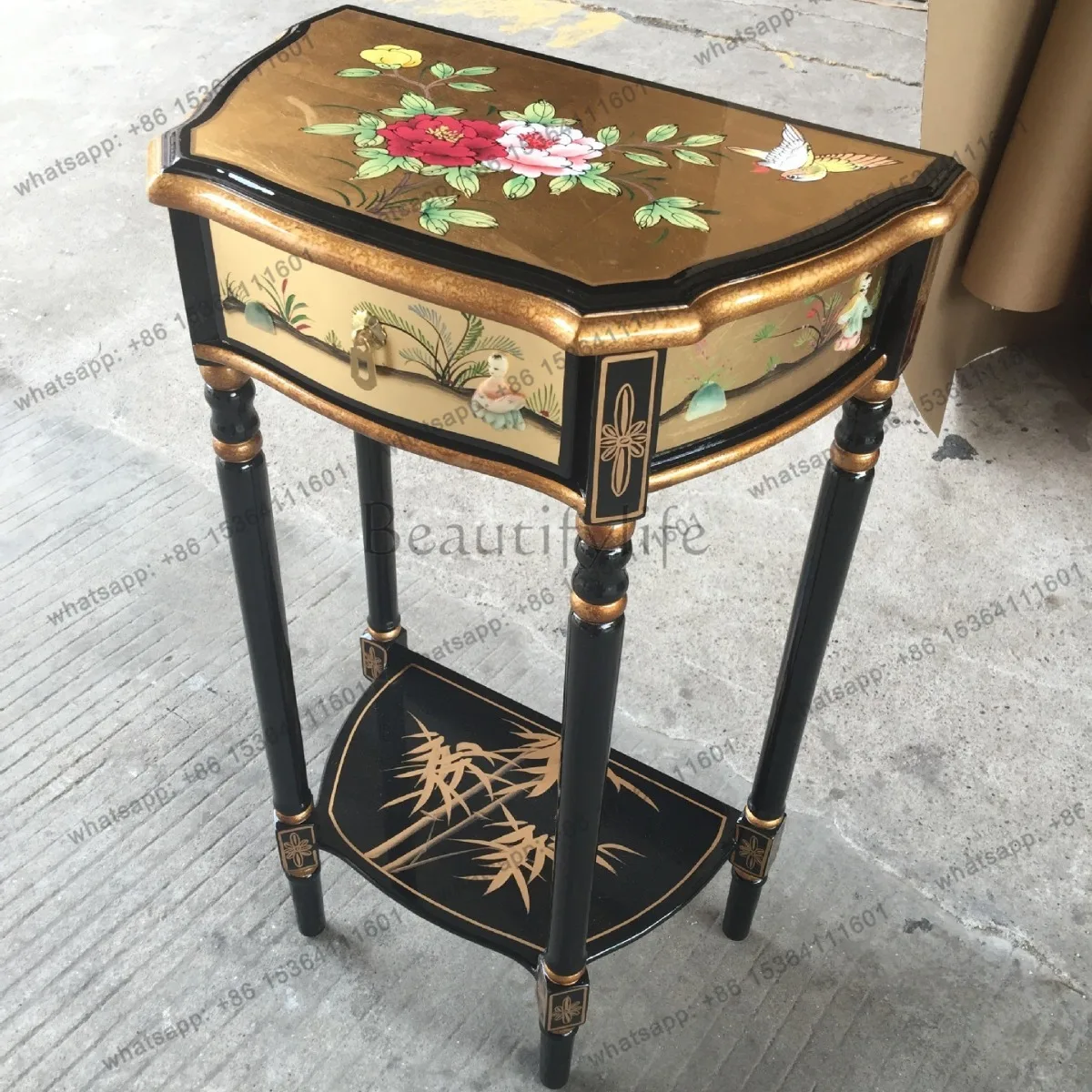 Gold foil painted furniture edge corner few solid wood flower stand living room storage with drawer