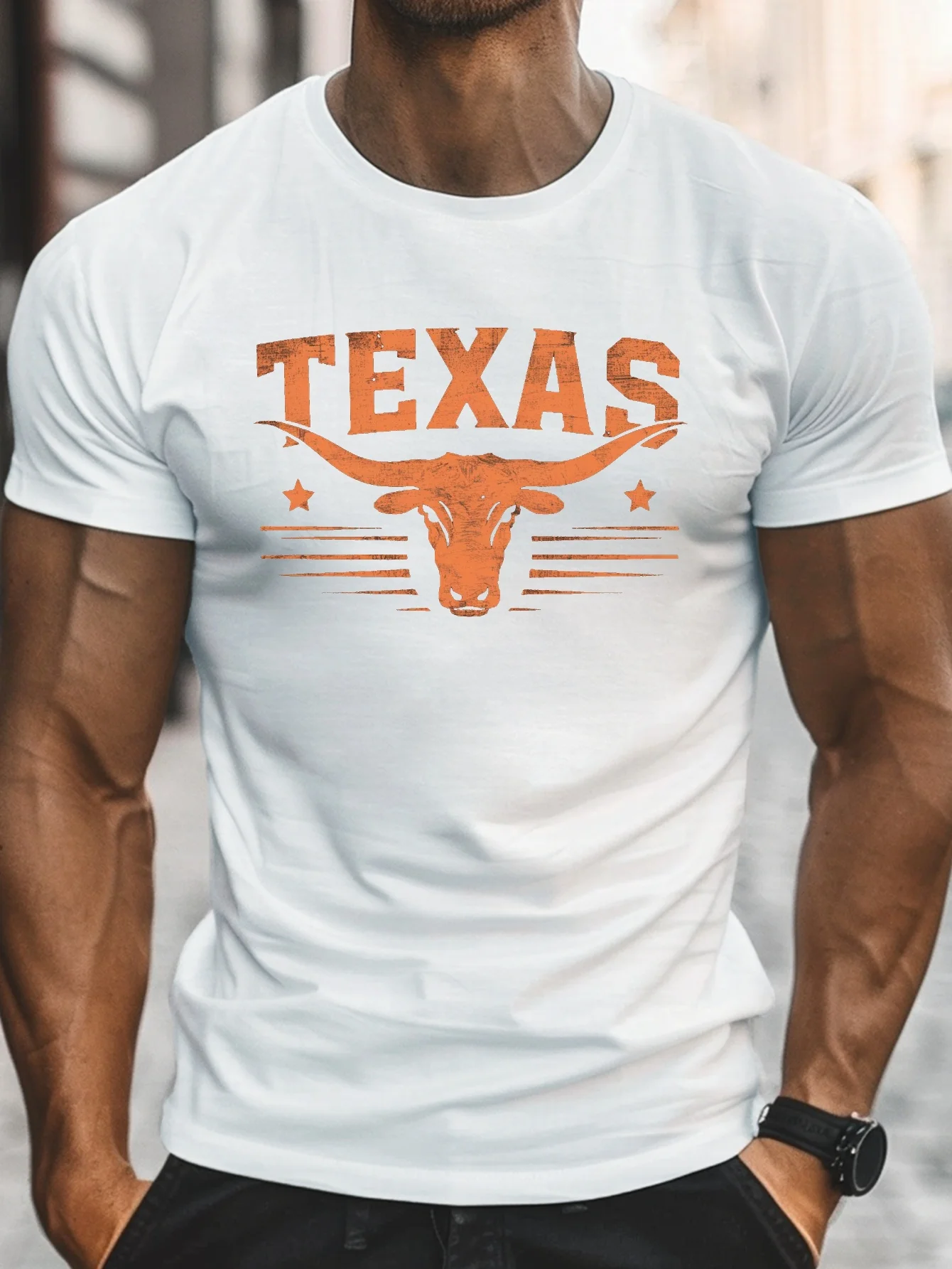 TEXAS with Longhorn 그래픽 프린트, 남성용 라운드 크루넥 반소매 티셔츠, 캐주얼 티셔츠 캐주얼 편안한 경량 탑