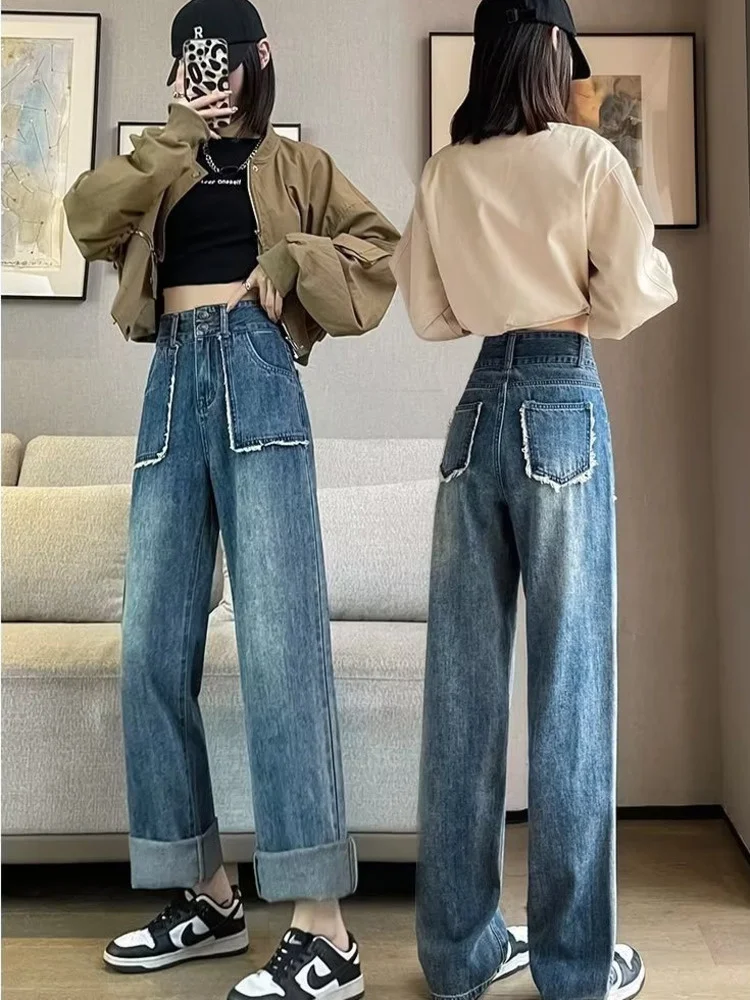 INS Versatile Light Color Thickened New Women's Long Pants Straight Leg Jeans Art Natural Waist Popular Spring And Autumn