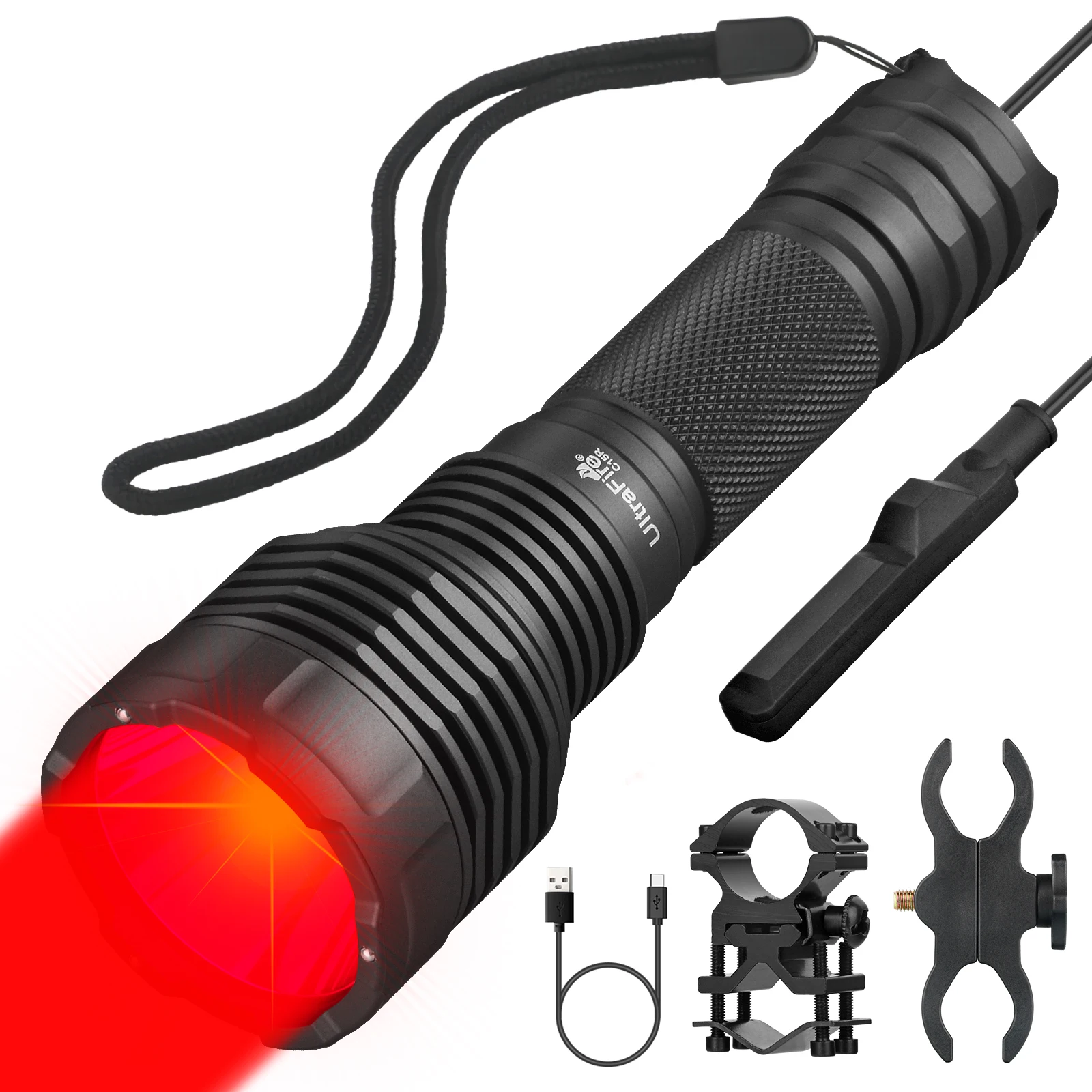 UltraFire C15R Красный фонарь 10 Вт 350 метров Тактический светодиодный USB Type-C перезаряжаемый портативный уличный фонарь для ночной охоты