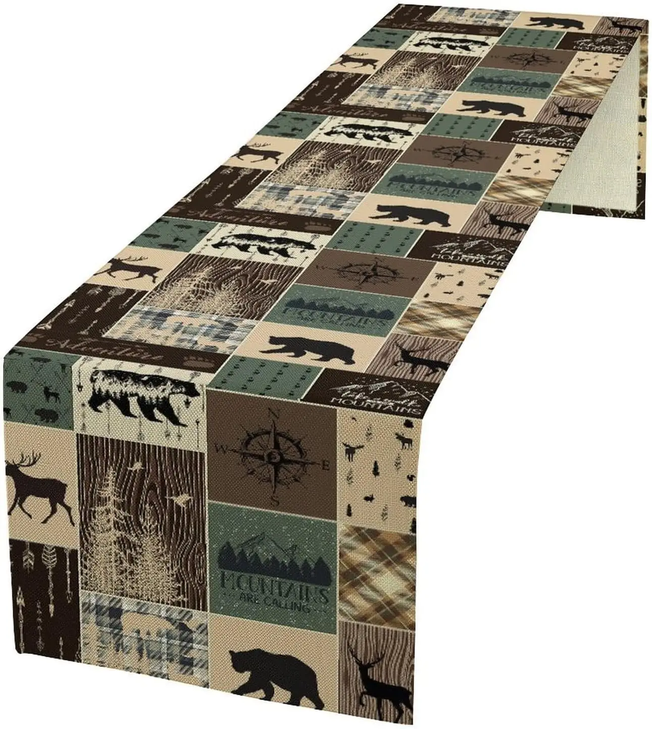 Rustic Farmhouse Deer Bear Table Runner - Vintage Cabin Hunting Wild Animal Plaid Table Cover for Dining Kitchen