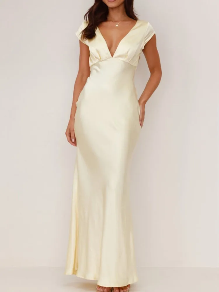

Women's New Sexy Deep V-neck Slim Backless Temperament Casual Dress Summer Elegant Style High Waist Hollow Sleeveless Dresses