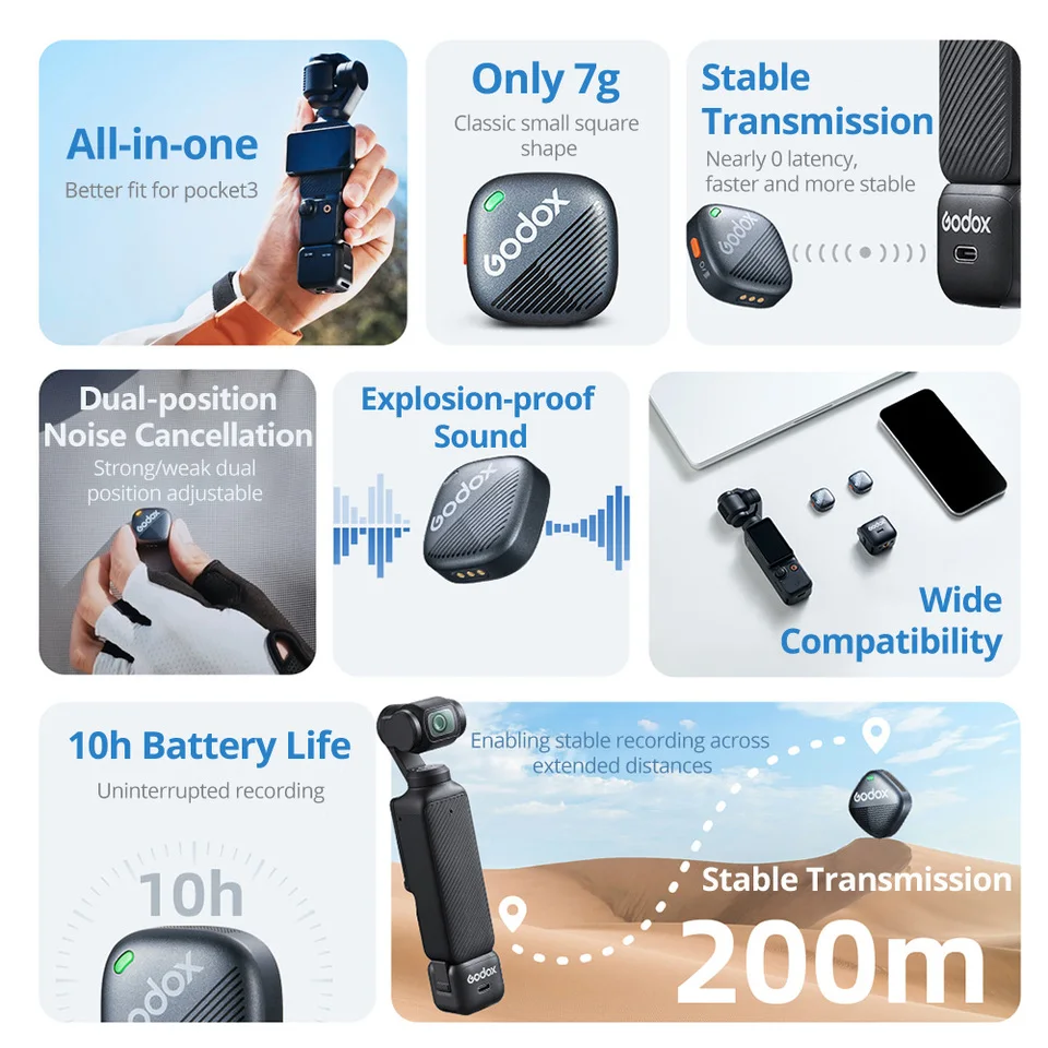 ميكروفون Godox Cube-OP3 OP3 Lavalier الجديد لـ DJI Osmo Pocket 3 إلغاء الضوضاء عمر البطارية 10 ساعات، ميكروفون لاسلكي صغير لمدونة الفيديو