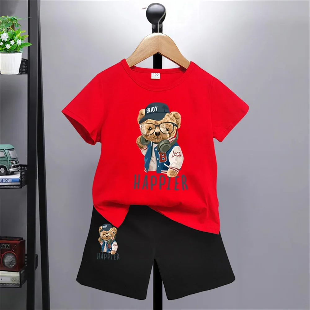 Bear pattern kids T-shirt Pants Kawaii T-shirt Anime Cartoon Kids Casual Clothing 2-piece set Kids Girls Boys Fashion Y2K