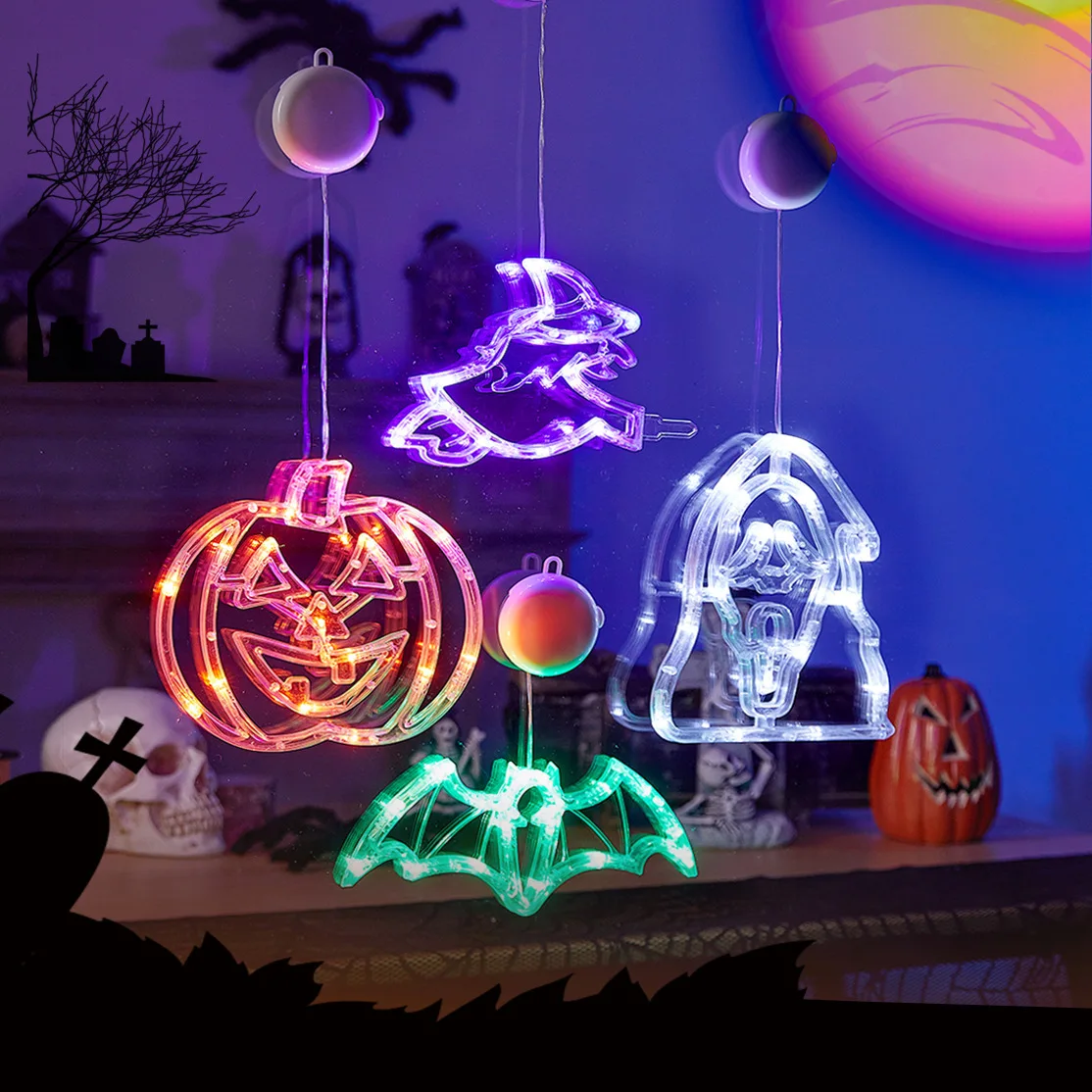 Halloween Holiday Window Decor Props LED Fairy String Lights Pumpkin Shaped Suction Cup Hanging Lights
