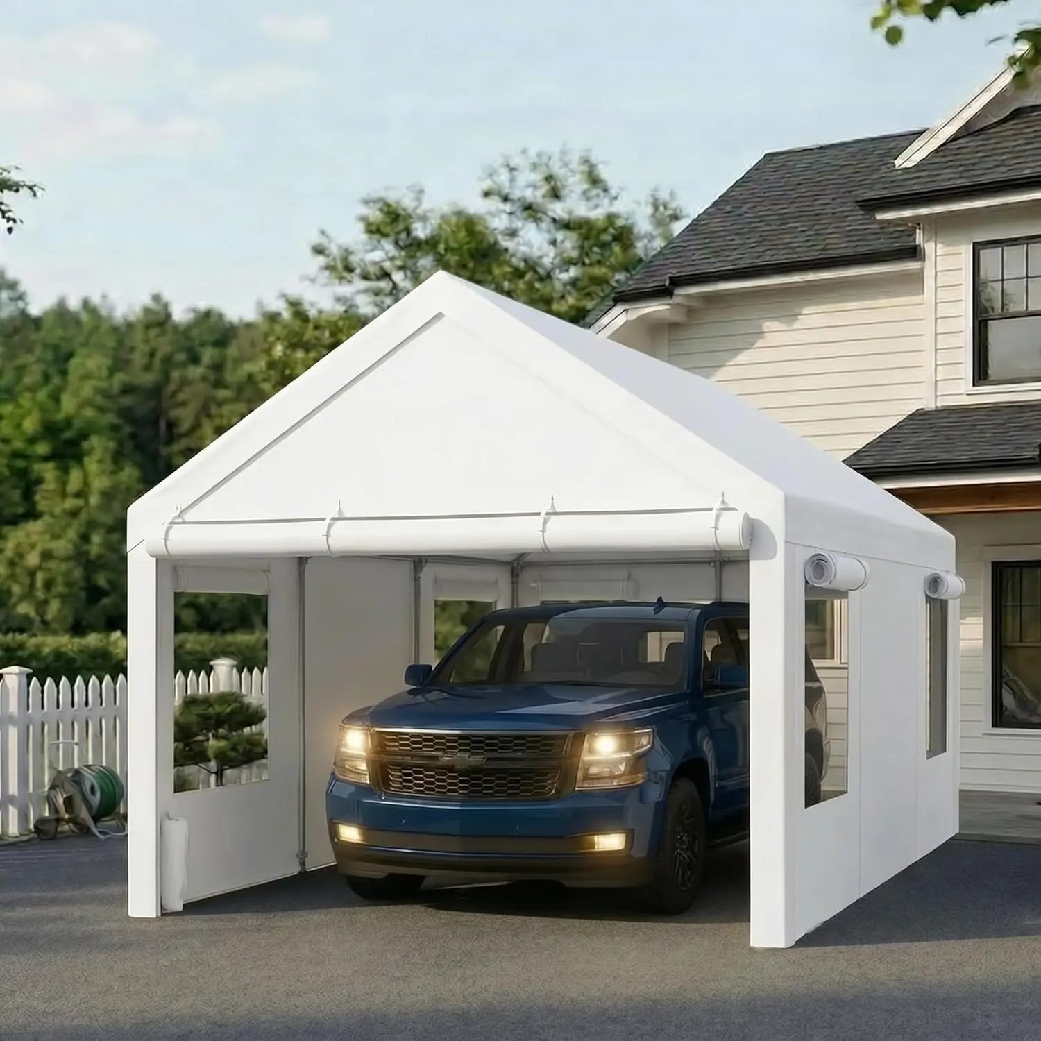 

10x20 FT Carport, Heavy Duty Carport Canopy with Roll-up Windows, Portable Garage with Removable Sidewalls & Doors, Car, Custom