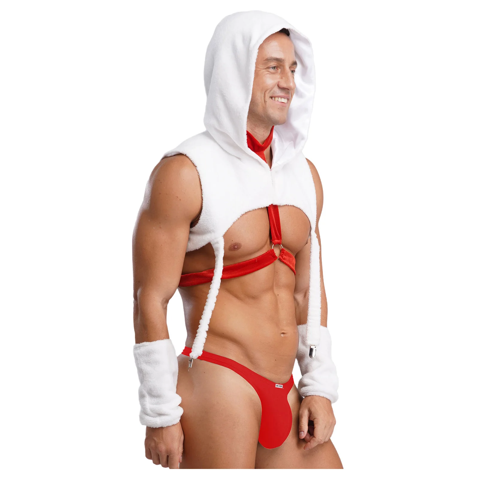 男性クリスマスサンタクロース面白いランジェリーコスチュームフード付きクロップトップスサスペンダークリップ付きボディチェストハーネススリーブ男性ナイトウェア