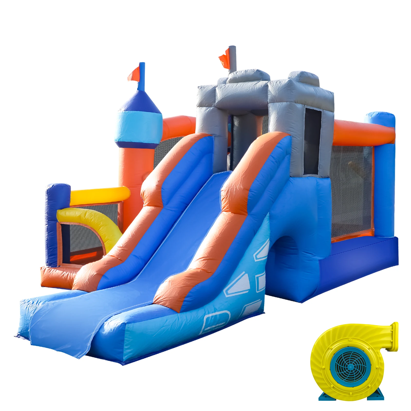 16 x 12 voet springkasteel van commerciële kwaliteit opblaasbaar (zwaar PVC), (blazer van 950 W) - 2 glijbanen, ballenbad, basketbalb