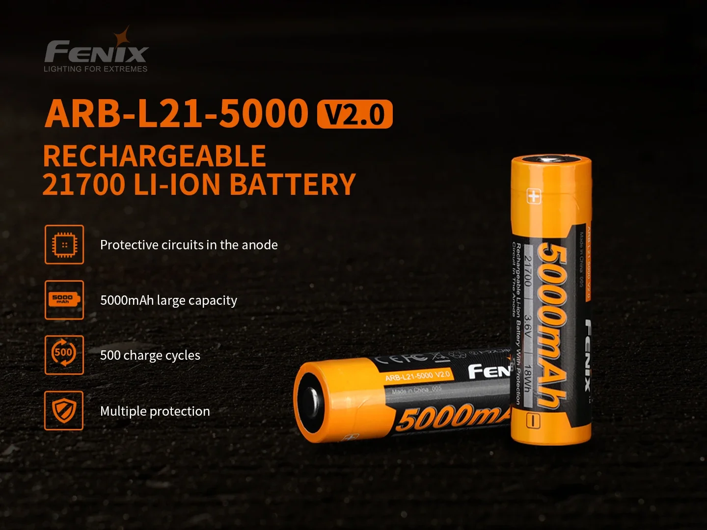 Fenix ARB-L21-5000 V2.0 5000mAh 21700 rechargeable Li-ion battery For BC26R,TK16 V2.0,TK20 V2.0,PD36R,PD36 TAC,PD40R...