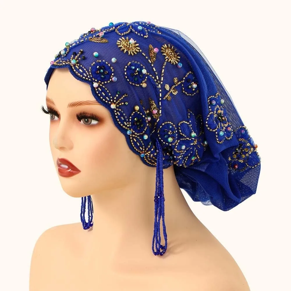 

Shiny Beads Turban Hat Flower Embroidery Sheer Mesh Indian Headscarf Elastic Band Scalloped Edge Beaded Bonnet Travel Vacation