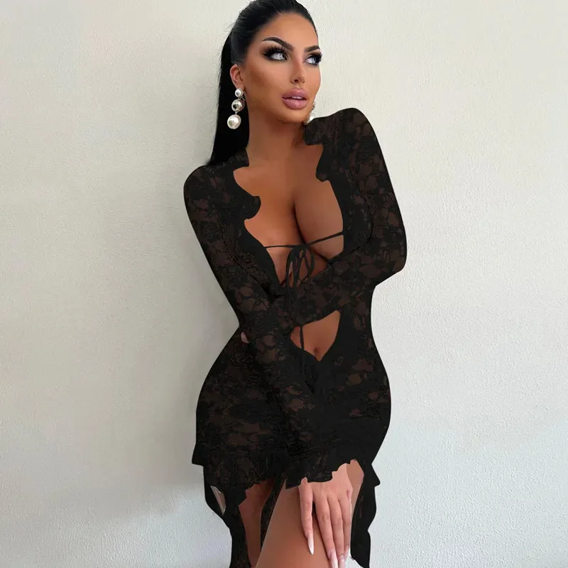 Bonny Fashion Spitzenbesatz, durchsichtiges Minikleid mit Schnürung vorne, langärmelig, Fransen-Outfits für Damen, Club-Party, sexy, figurbetonte Kleider