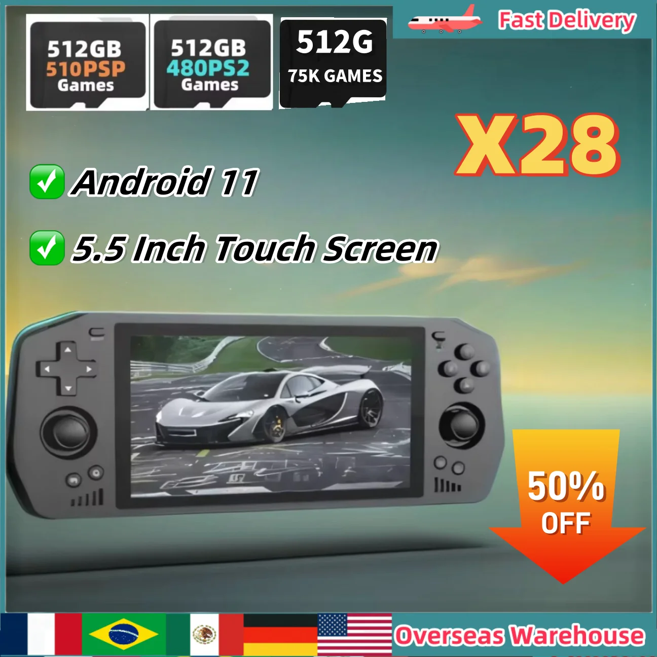 Powkiddy X28 Retro Handheld Game Console Video Game Console 5.5Inch Touch Screen Handheld Player Android11 Game Console Men Gift