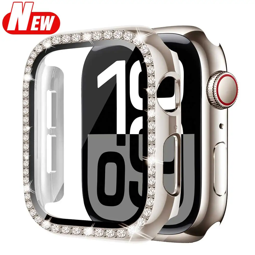 Diamond Case For Apple watch 46mm 42mm 44mm-40-41-45mm Glass+Bling Bumper Screen Protector series 10 9 8 7 6 5 4 se Accessories