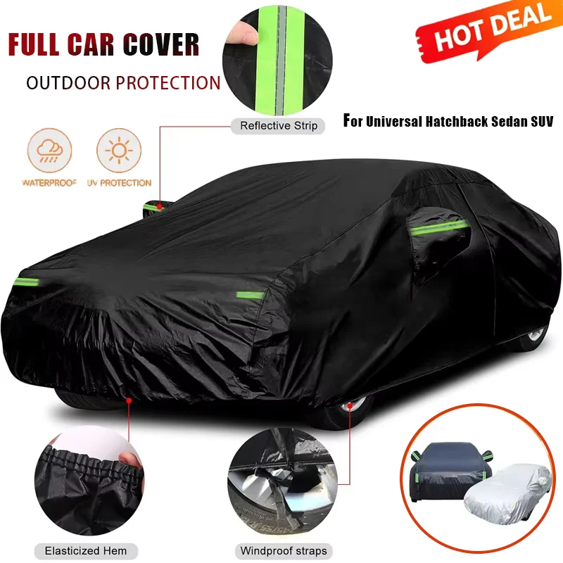 For Universal Hatchback Sedan SUV Black Full Car Cover Sunshade Dustproof Reflective Strips Exterior Protection