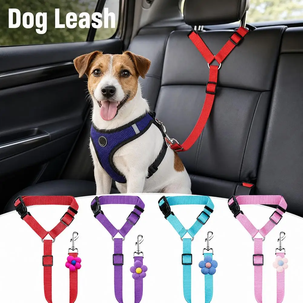 Dog Car Seat Belt, Headrest-Mounted Dog Seatbelt Harness for Car, Adjustable Nylon Pet Safety Leash with Elastic Buffer for Dogs