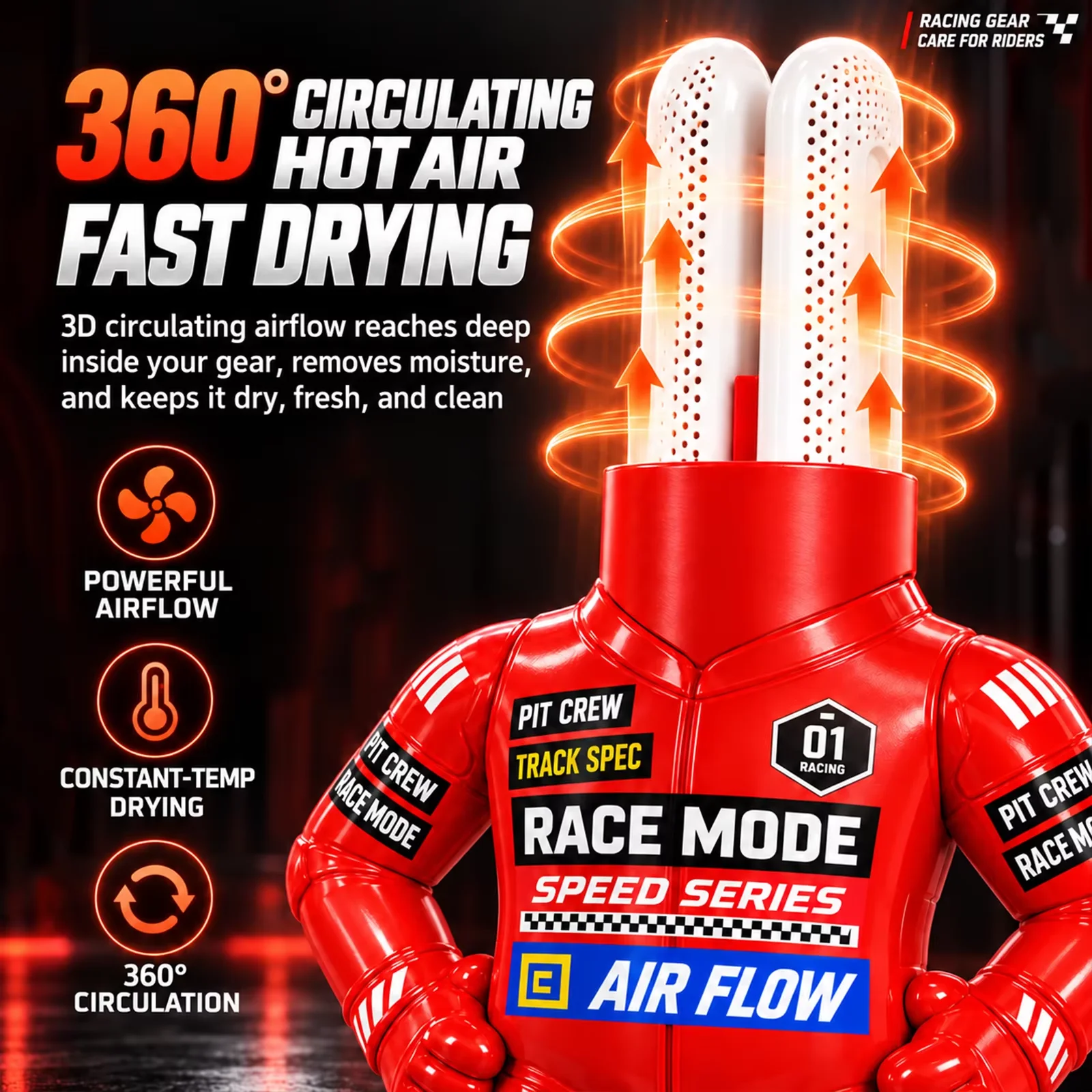 360° Circulating Hot Air Helmet Dryer. Built‑in PTC heating delivers 45‑55℃ gentle warm air. Dual outlets blow multi‑direction a