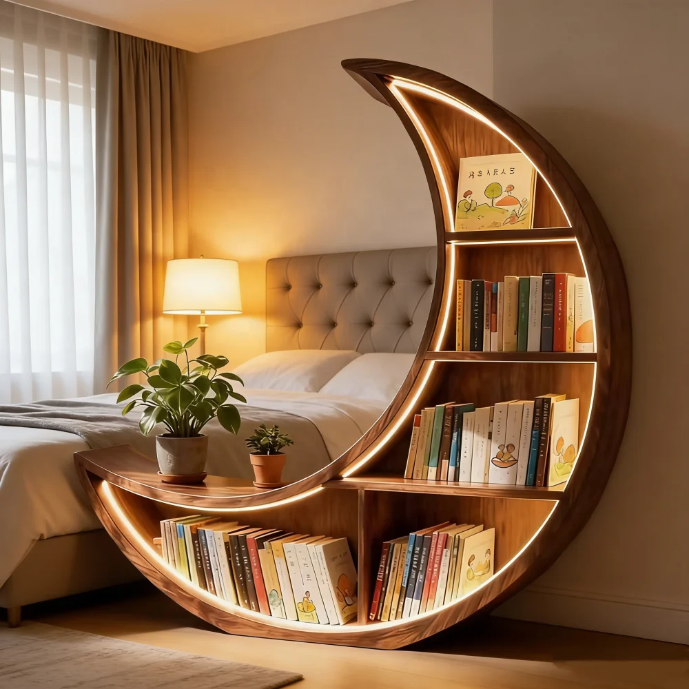 Moon Bookshelf, 4-Tier Wooden Bookcase, Unique Minimalist Integrated Storage Bookcase, Chinese-style Furniture for Home Decor