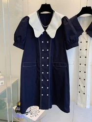 Korean Style Doll Collar Dress Summer New Niche Design Short Sleeve Dress Chic Loose Straight Double Breasted Dress