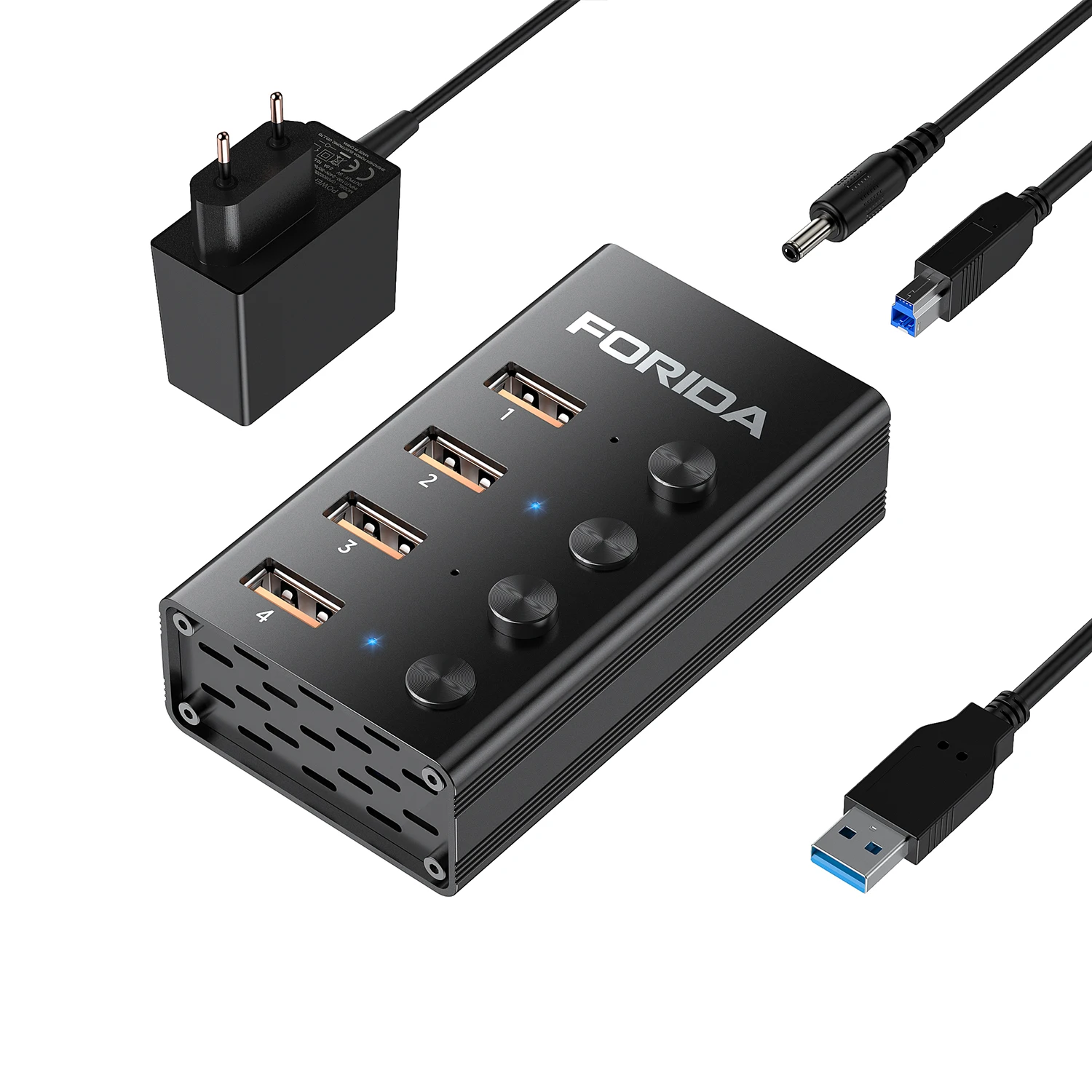FORIDA USB 3.2 Hub 10Gbps 4 Ports USB Splitter with 3.3ft Long Cable LED Switches 5V Power Adapter for Laptop  MacBook