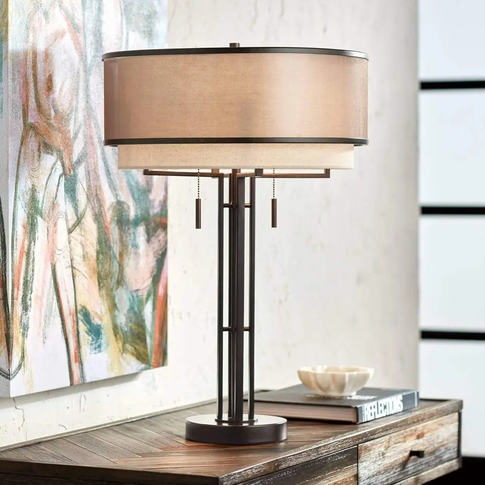 

ranklin Iron Works s ern Industrial Table Lamp 27 1/2" Tall Oil Rubbed Bronze Brown Metal Stacked Double abric Drum Shade or Bed
