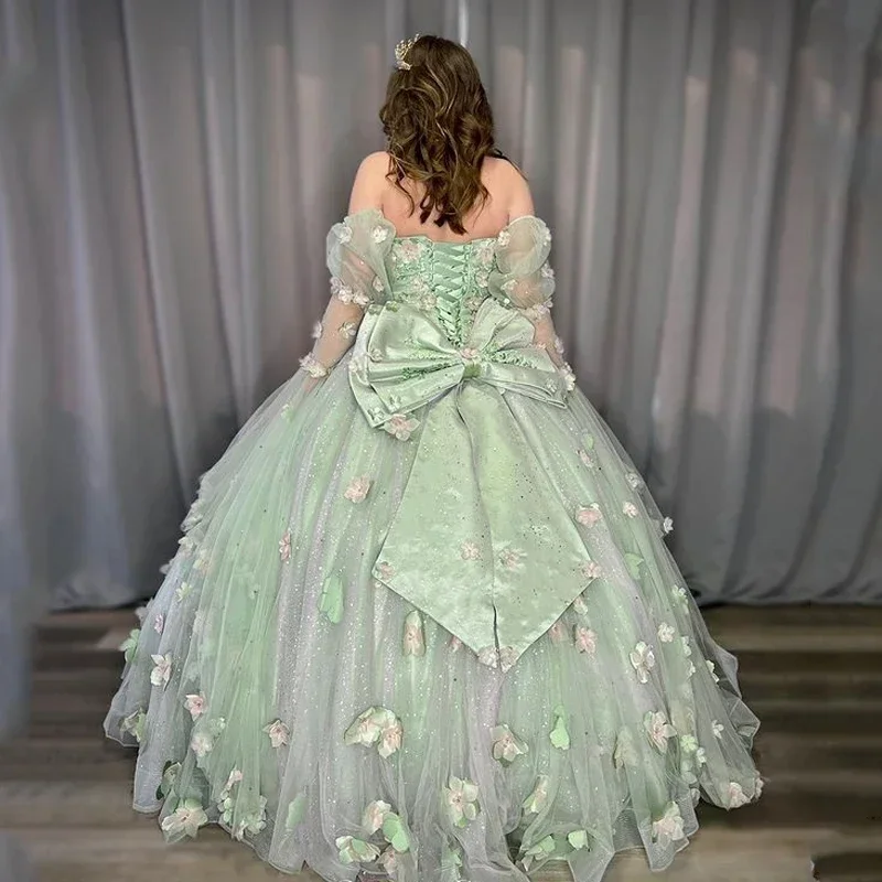 Robe de Quinceanera de princesse douce vert sauge vintage, appliques de perles, robe de fleur 3D, robe de Rhéducative, fête d'anniversaire, remise des diplômes, 15