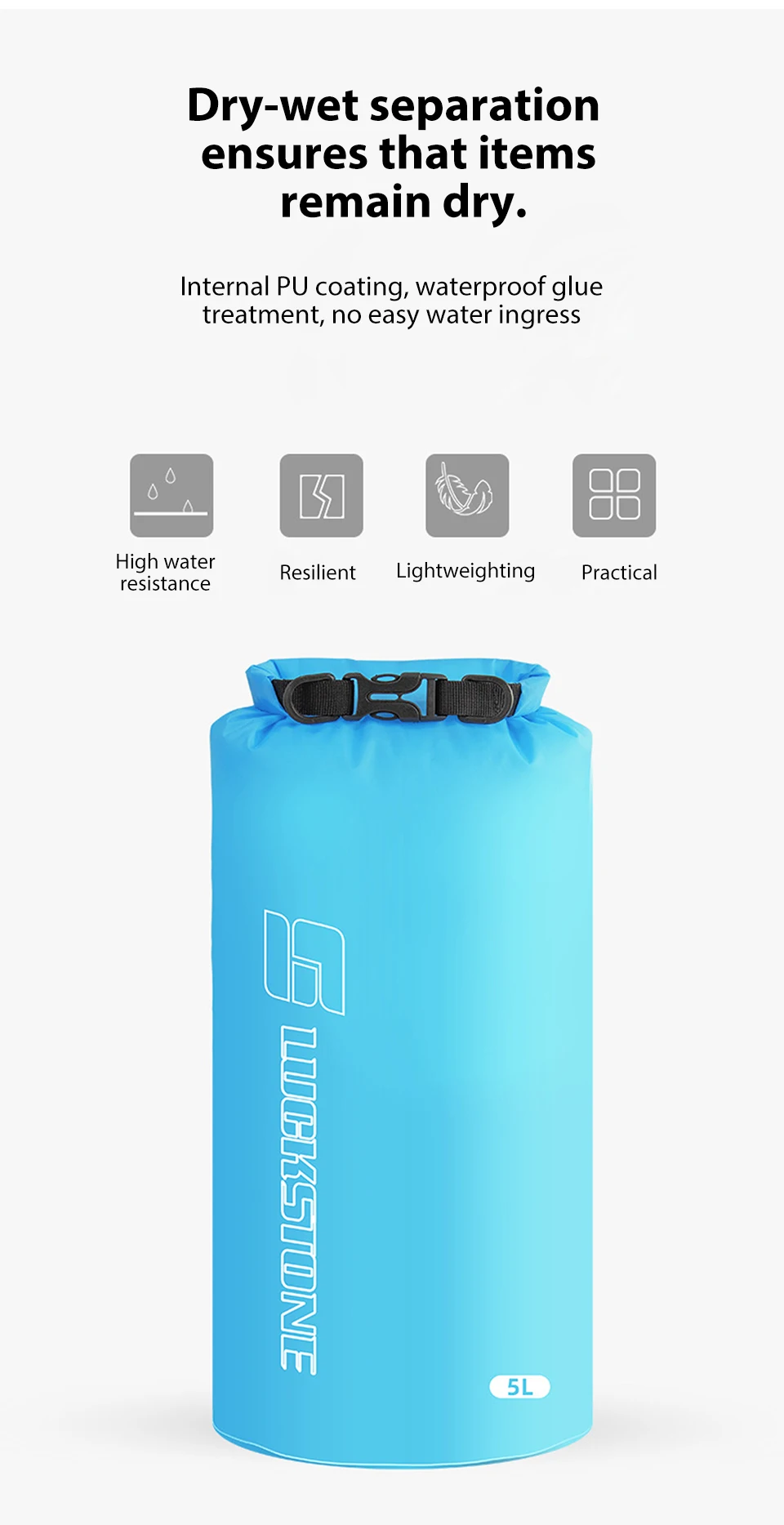 3/8/12/15/25/35/75L Wasserdichter Packsack Ultraleichter Drifting Schwimmen Kleidung Aufbewahrungstasche für Camping Bootfahren Wandern Rafting – Detail 4