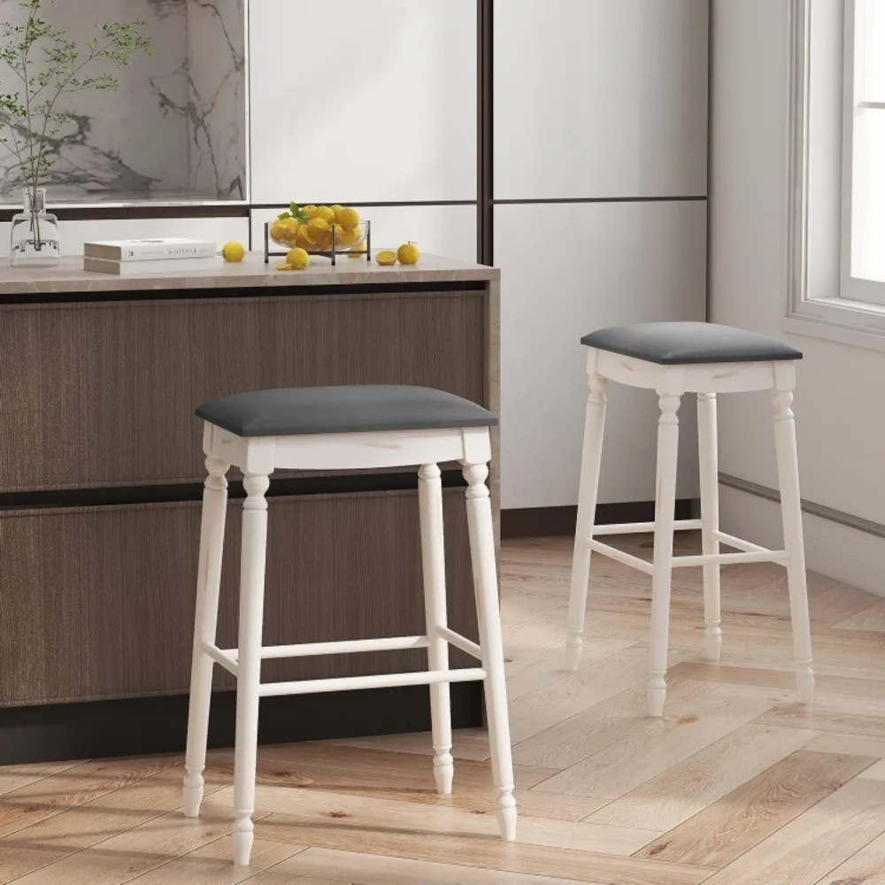 

Set Of 2 Kitchen Bar Stool 29" Backless With Padded Seat Cushions and Wood Legs