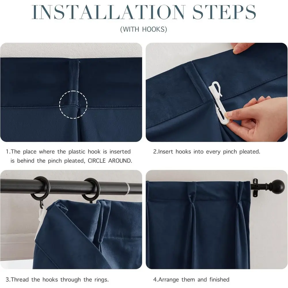 Navy Blue Velvet Pinch Pleat Room Divider Curtains, 66x84, Blackout & Thermal Insulated for Privacy in Living Room