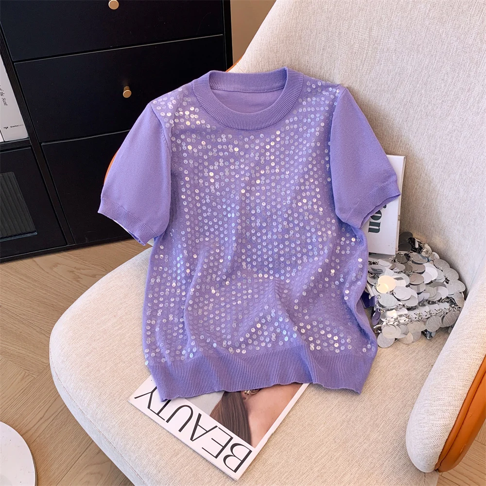 Shiny Knit Sweater Women T-shirt Pullovers Stylish Elegant Fashion Chic Tees Tops 2024 Summer Short Sleeve Knitwear