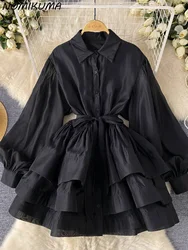 Nomikuma Fashion Long Lantern Sleeve Dress for Women's Summer Tie Waist Turn-down Collar Elegant Ruffle A-line Dresses